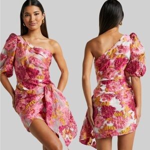 Showpo Pink and Yellow Floral One-Shoulder Mini Dress